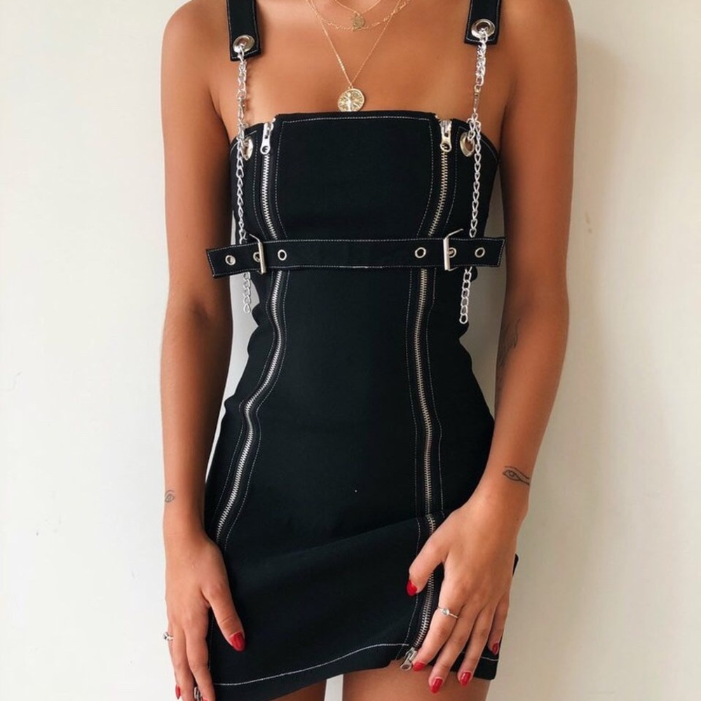 Dolls Kill Zip Front Black Denim Dress